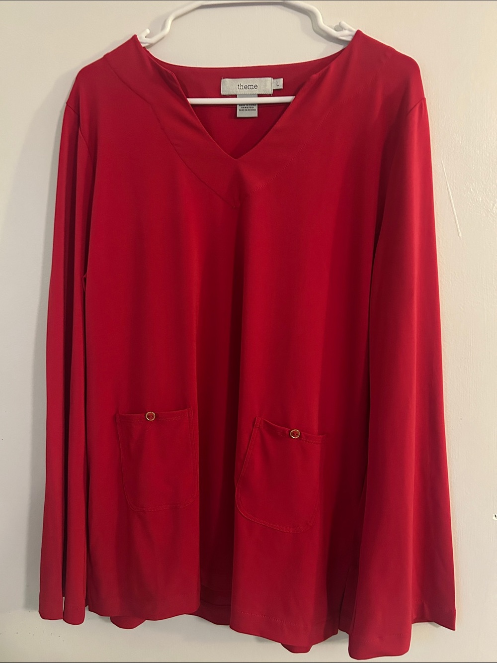 Theme Bright Red V-Neck Long Sleeve Tunic with Front Pockets